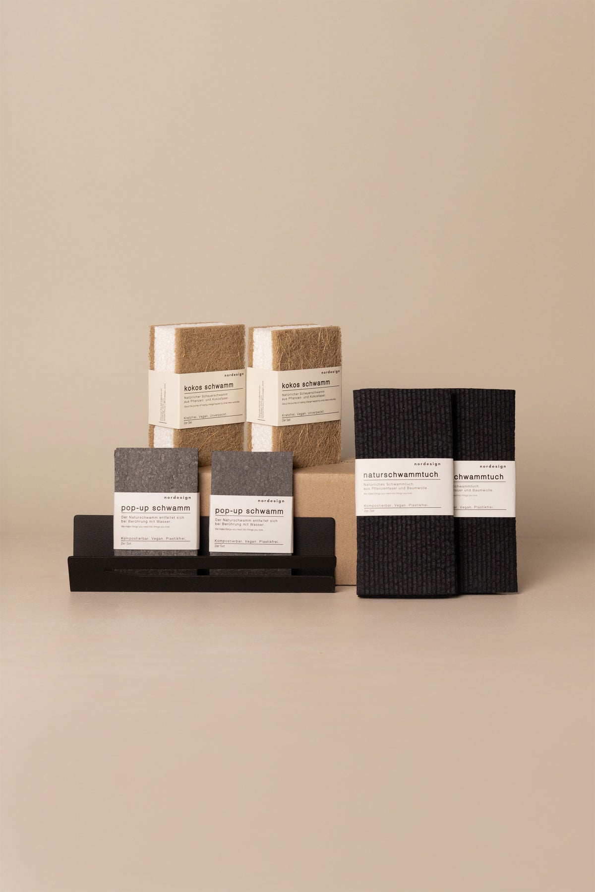 nordesign hygienisches Schwamm-Halter Set mit Naturschwämmen für die Küche: hochwertig, schwarz, organisiert